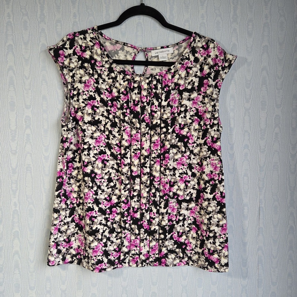 Women's Liz Claiborne L Top Liquid Knit Floral Stretch Pleated Career Casual